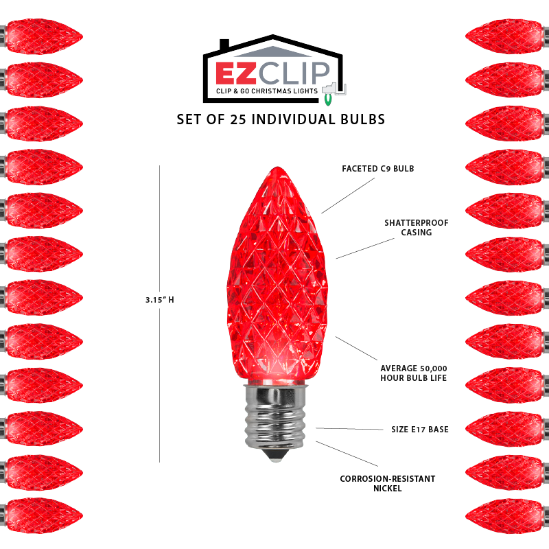 Faceted C9 LED Light Bulbs - S/25 (Red)