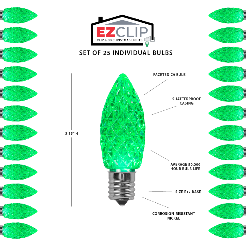 Faceted C9 LED Light Bulbs - S/25 (Green)