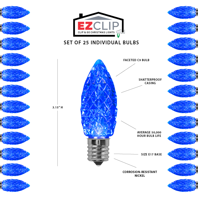 Faceted C9 LED Light Bulbs - S/25 (Blue)