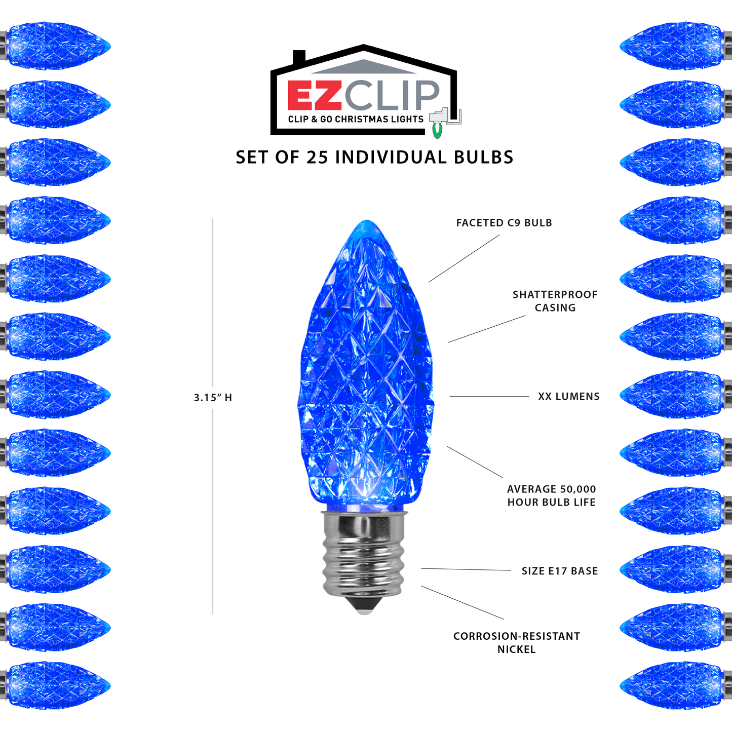 Faceted C9 LED Light Bulbs - S/25 (Blue)