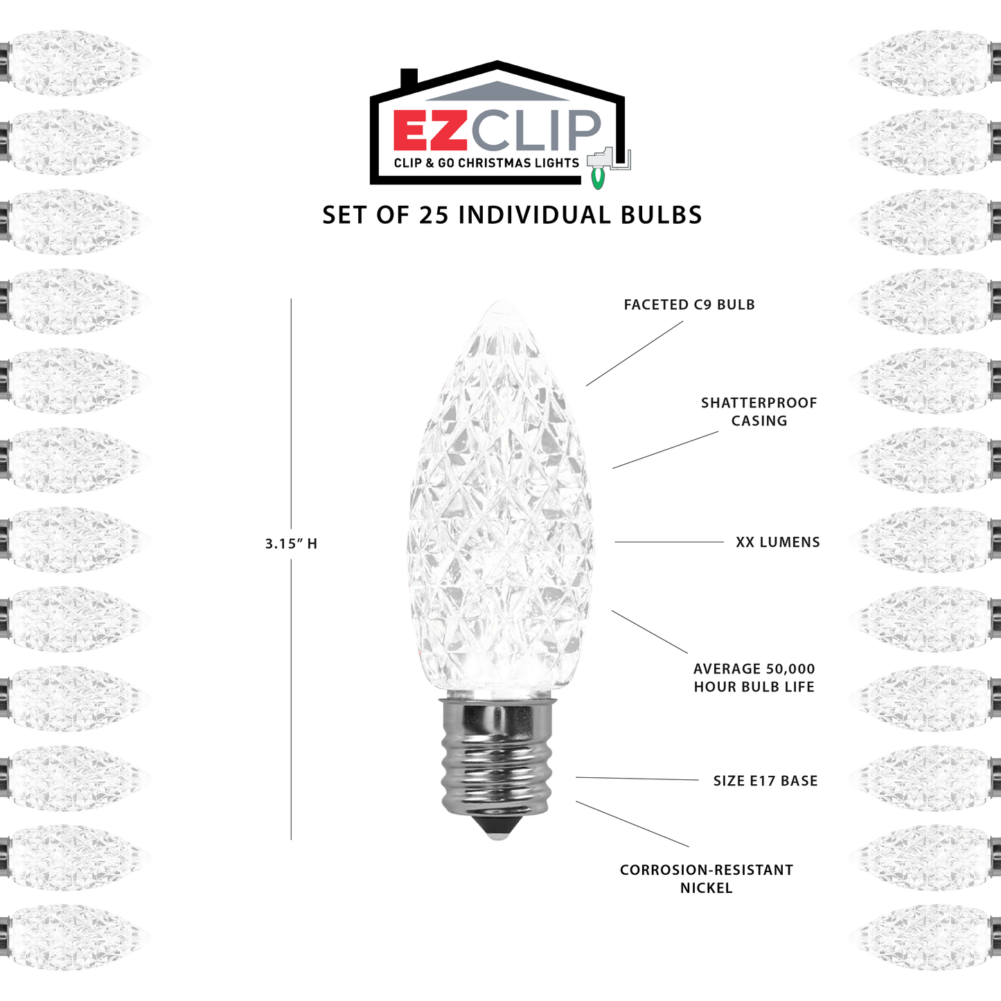 Faceted C9 LED Light Bulbs - S/25 (White)
