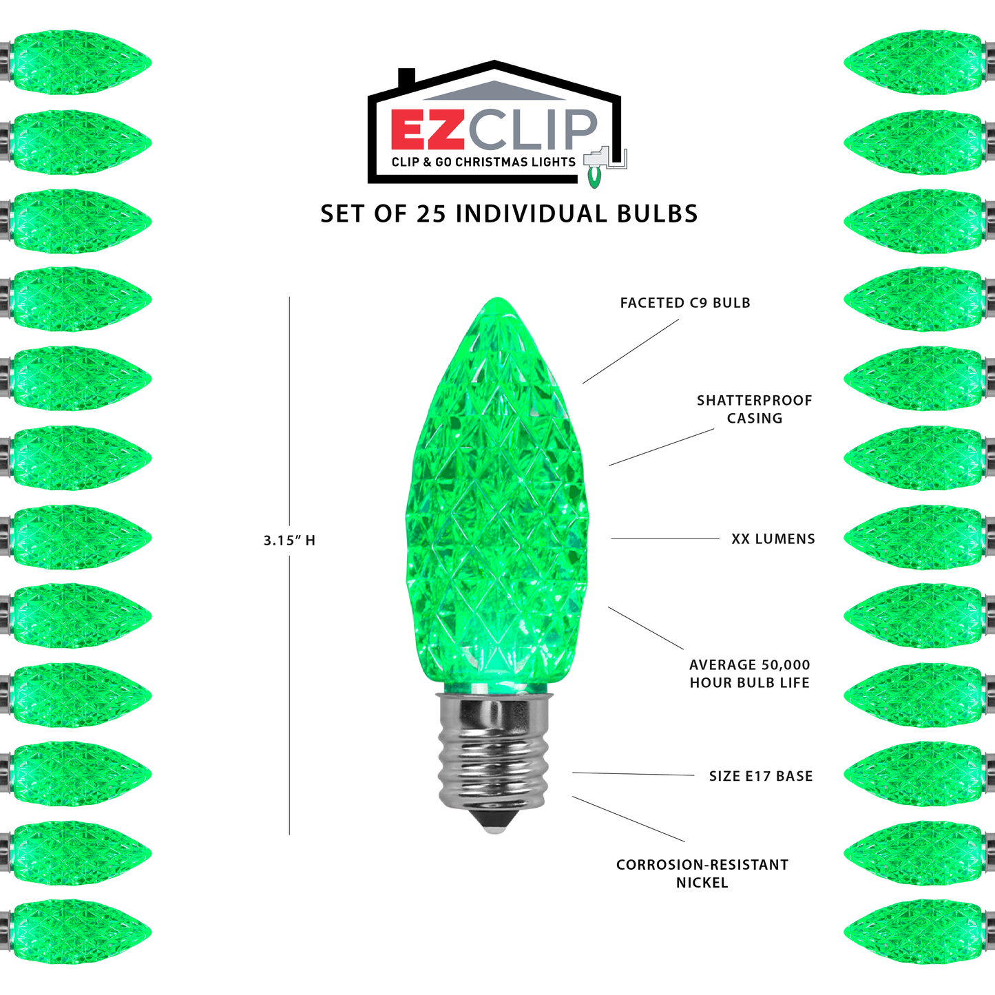 Faceted C9 LED Light Bulbs - S/25 (Green)