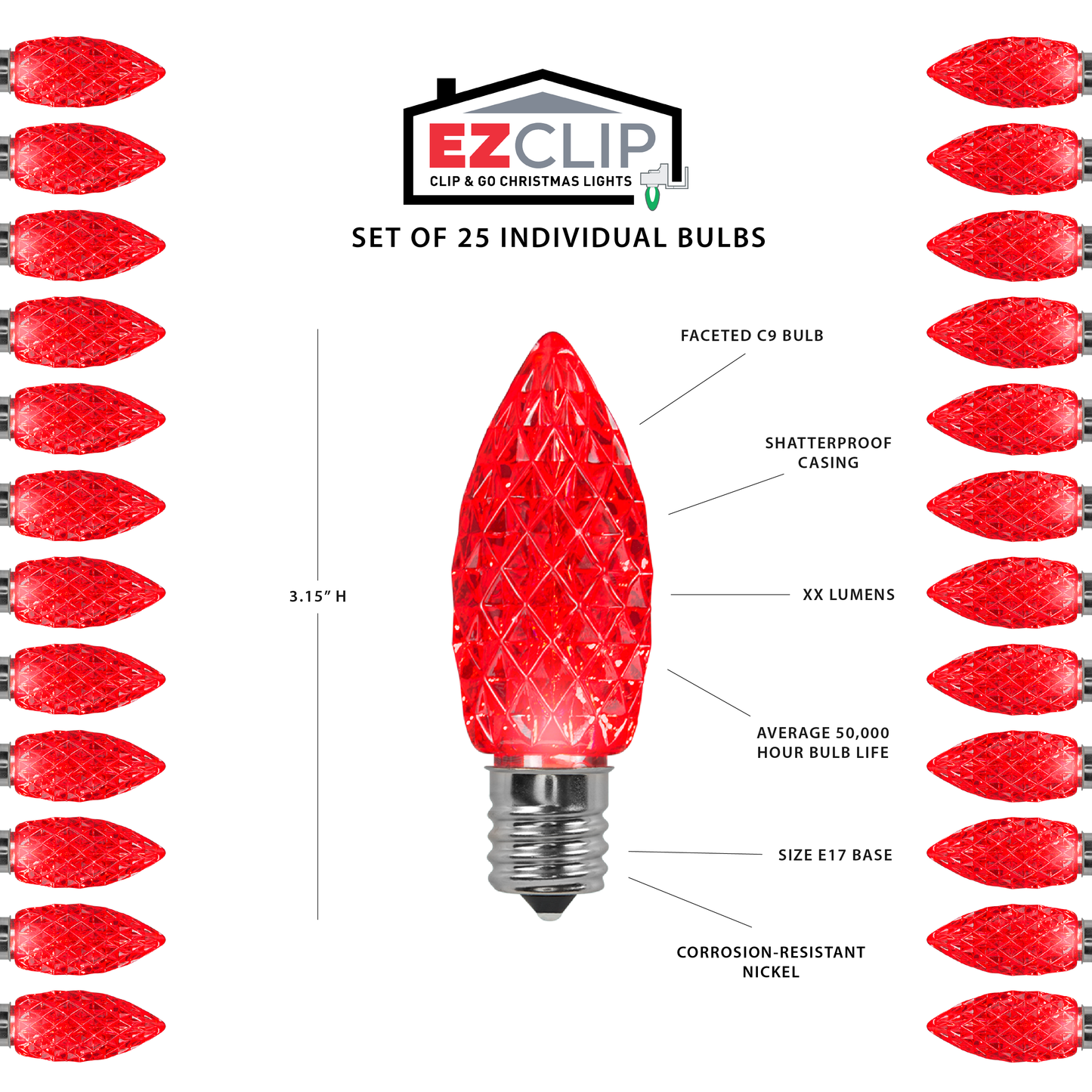 Faceted C9 LED Light Bulbs - S/25 (Red)